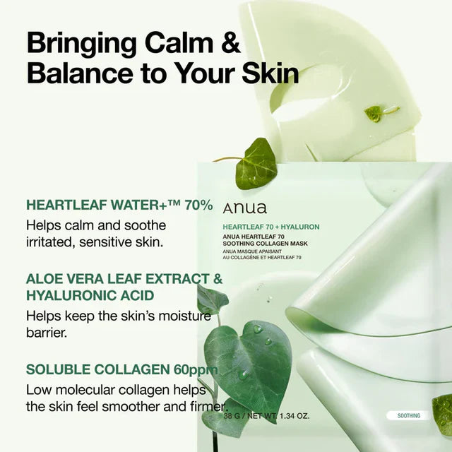 Textura Anua Heartleaf 70 Soothing Collagen Mask 34g – Mascarilla Calmante de Colágeno Heartleaf 70