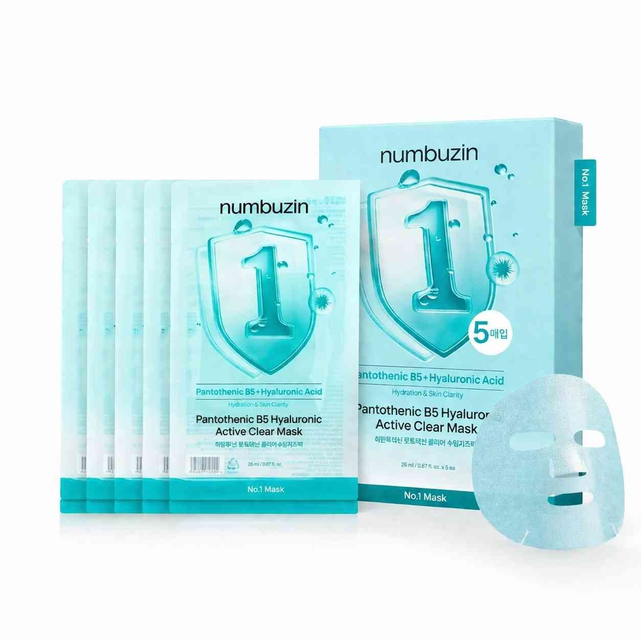 Numbuzin No.1 Pantothenic B5 Hyaluronic Active Clear Mask 26 ml x 4 – Pack de mascarillas calmantes