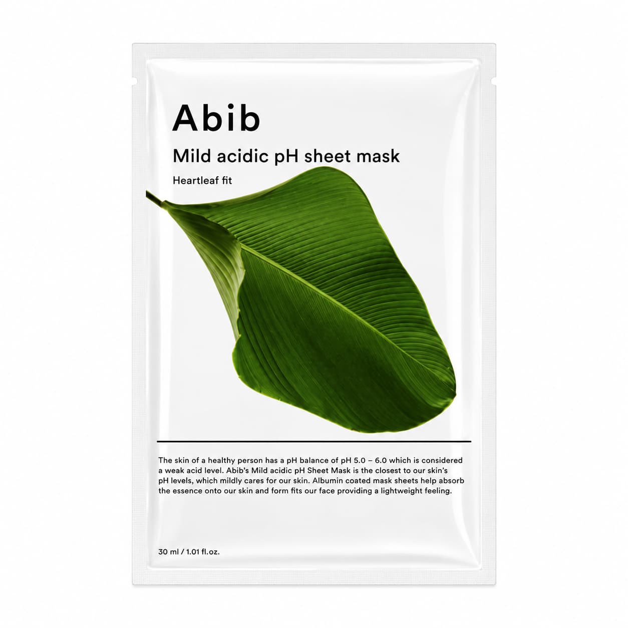 Abib - 1 sheet - Mascarilla de tejido calmante Heartleaf Fit pH suave / Mild Acidic pH Sheet Mask Heartleaf Fit