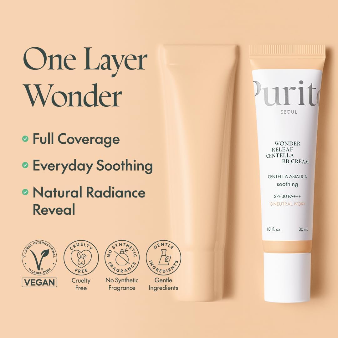 Purito Wonder Releaf Centella BB Cream #13 Neutral Ivory - tubo sobre fondo beige con sus beneficios: cobertura total, calma a diario y luminosidad natural