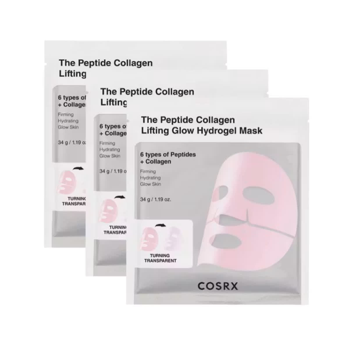 COSRX The Peptide Collagen Lifting Glow Hydrogel Mask (3 uds.) – Mascarilla de hidrogel reafirmante con péptidos y colágeno